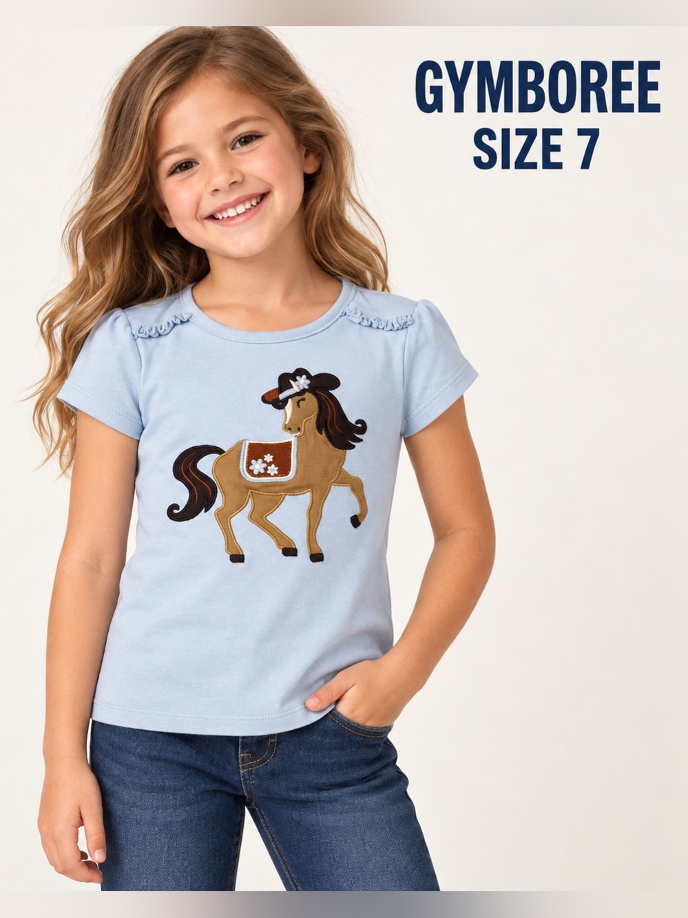 Gymboree Girls Size 7 Blue Horse Cowgirl Appliqué Graphic T-Shirt